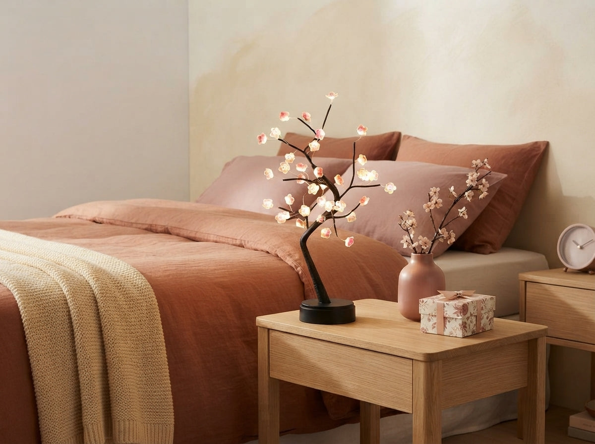 An LED cherry blossom bonsai lamp casting a warm, soft glow on a bedside table in a cozy, modern bedroom with terracotta and 